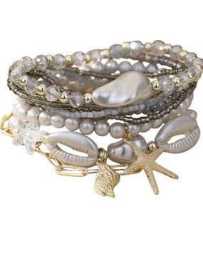 BOHEMIAN GRAY GOLD MULTI SHELL STARFISH BEAD 7 Strand Stackable BRACELET